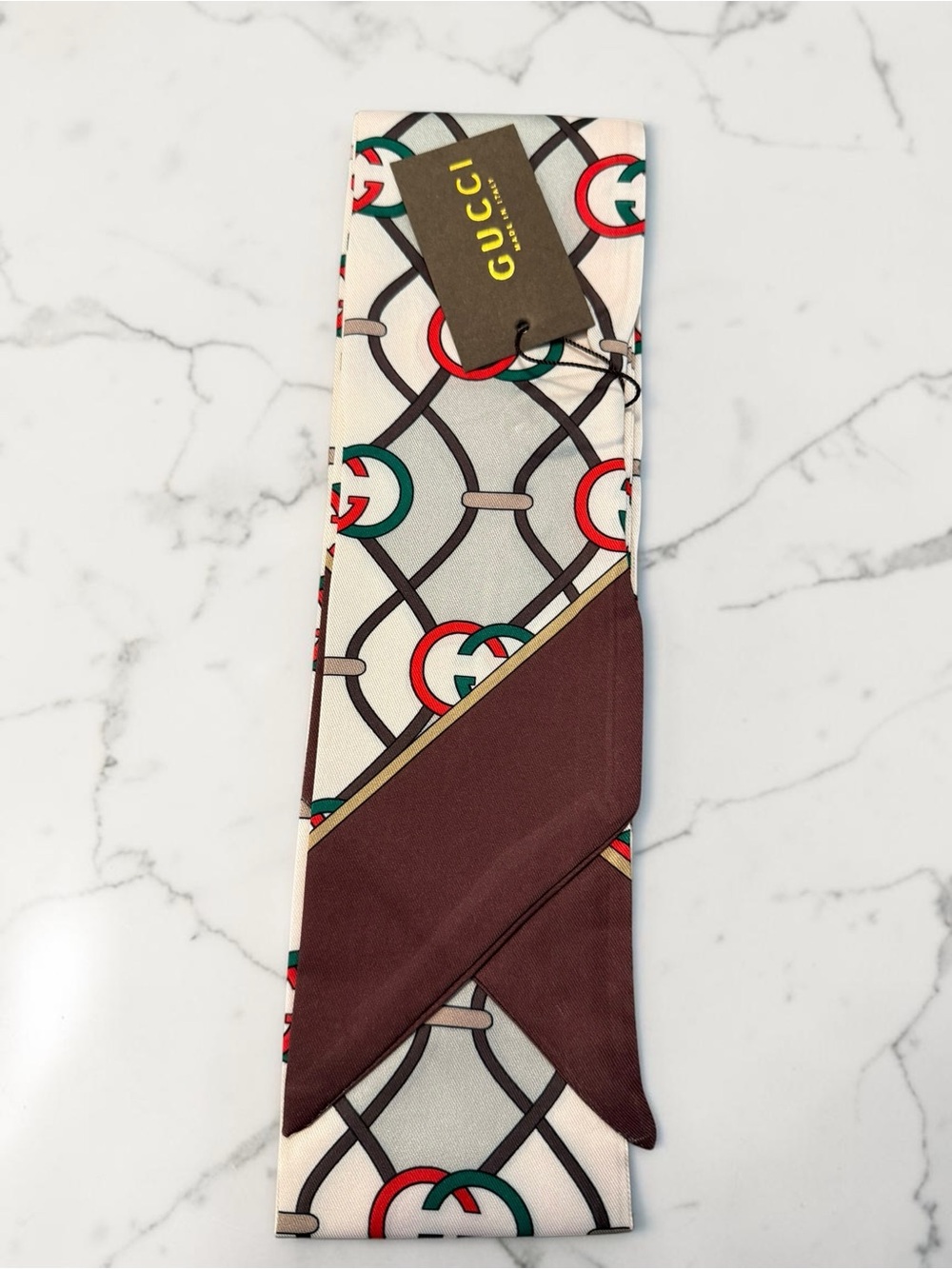 Source Unknown White Silk Scarf Tie with Red, Green & Brown Accents